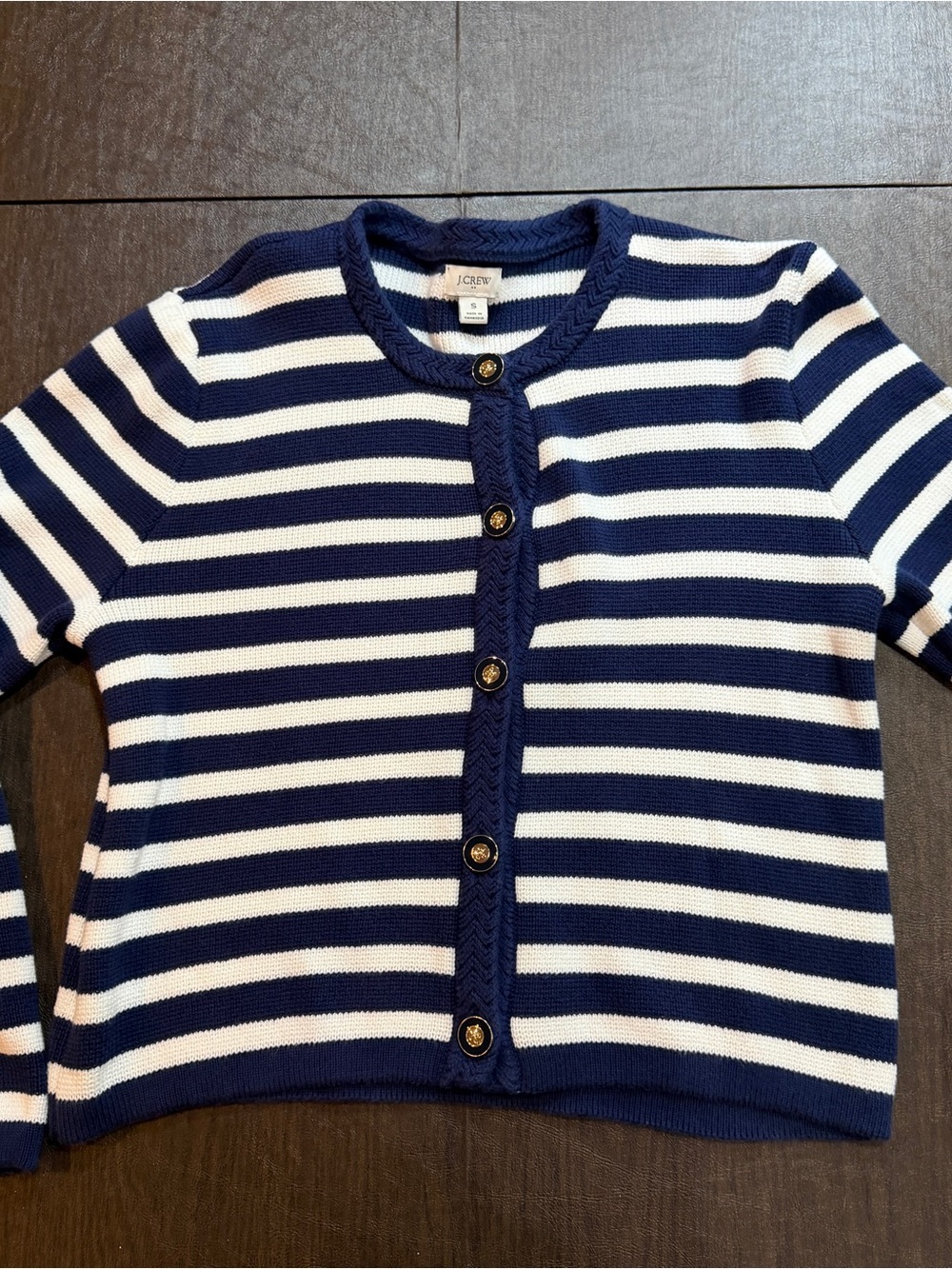 J. Crew Women's Navy and White Striped Knit Button Up Cardigan Sweater Sz S